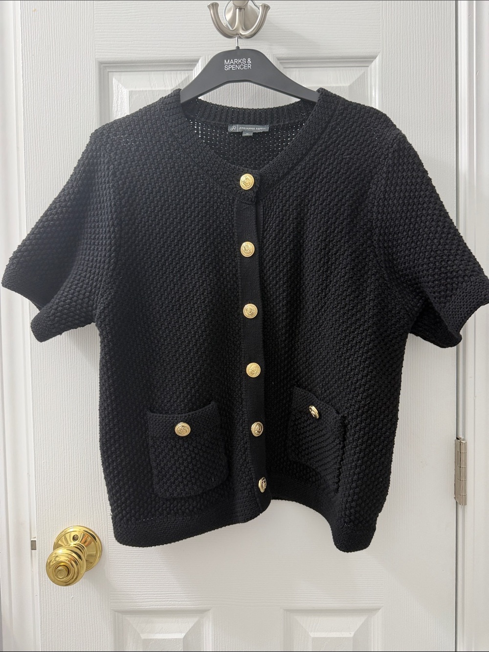 Adrianna Papell Black Short-Sleeve 100% Cotton Knit Cardigan with Gold Buttons